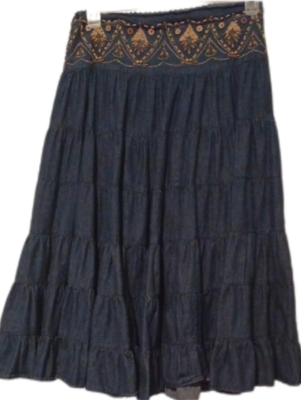 << Freestyle Blue Tiered Maxi Skirt with Embroidered Waistband Women's Size M - Picture 1 of 8